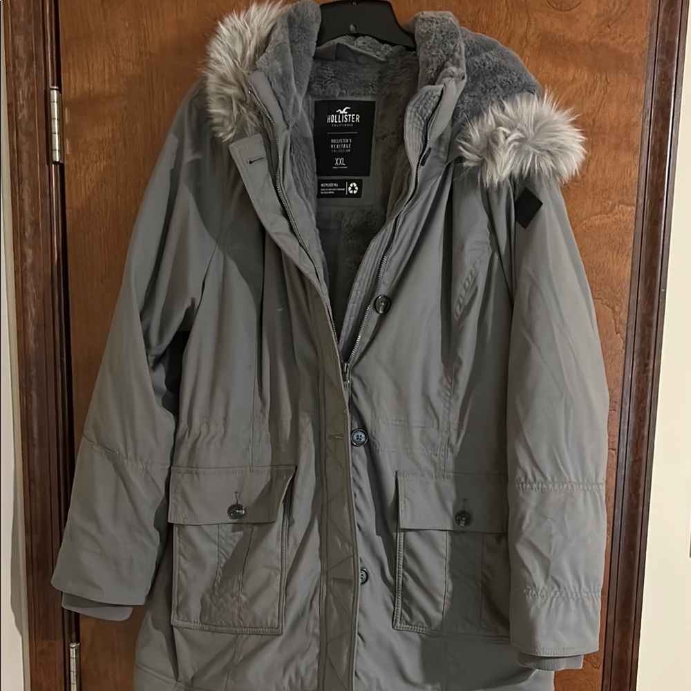 Hollister Charcoal Parka with Faux Fur Trim